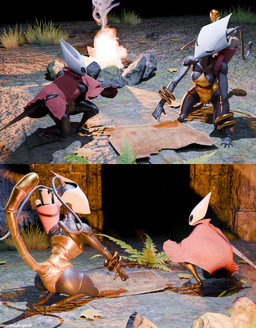 antennae_(anatomy) anthro black_body breasts butt campfire cloak clothed clothing duo female map orange_body outside partially_clothed red_cloak red_clothing weapon heartlessangel3d hollow_knight:_silksong hollow_knight_(franchise) team_cherry hornet_(hollow_knight) shakra_(hollow_knight:_silksong) arthropod insect 3d_(artwork) absurd_res blender_(artwork) digital_media_(artwork) hi_res