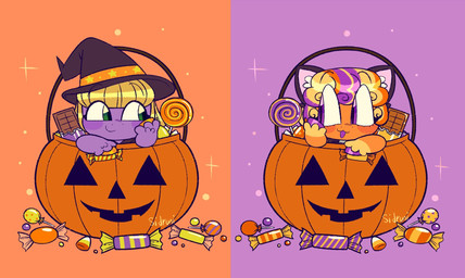 alternative_fashion ambiguous_gender bangs big_eyes blonde_hair candy chibi chocolate chocolate_bar clothing dessert duo feral food goth hair hat headgear headwear holidays jack-o'-lantern lollipop multicolored_hair toony witch_hat sidruni halloween hasbro mlp_g3 my_little_pony abra-ca-dabra_(mlp) pumpkin_tart_(mlp) earth_pony equid equine horse mammal pony hi_res