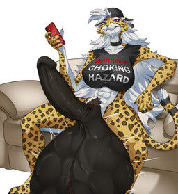 abs anthro backwards_baseball_cap backwards_hat balls baseball_cap big_balls big_breasts big_penis black_body black_fur body_outline breasts cellphone choker claws clothing cock_vore digestion ears_down electronics feet fur furniture genitals gynomorph gynomorph_pred hair hat headgear headwear huge_balls huge_penis humanoid_genitalia humanoid_penis imminent_death imminent_digestion intersex intersex_pred jewelry long_hair markings multicolored_body multicolored_fur muscular muscular_anthro necklace penile penis phone pink_eyes pivoted_ears predator/prey pubes shirt sitting smartphone sofa solo spots spotted_body spotted_fur spread_legs spreading table tail tank_top text text_on_clothing tomboy topwear torn_clothing vein veiny_penis vore white_body white_fur white_hair yellow_body yellow_fur abirdeer alex_(itsnafulol) cheetah domestic_cat felid feline felis mammal absurd_res english_text hi_res