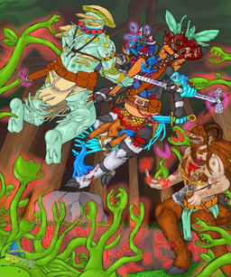 2_toes accessory action_pose action_scene anthro armor armpit_hair armwear attack attack_pose axe bandage beaded_jewelry beads belly_tuft bite black_body black_fur blood blood_in_mouth blood_on_face blue_body blue_eyes blue_fur bodily_fluids body_hair bottomwear boulder brown_body brown_fur brown_hair bruised bruised_face carnivorous_plant chest_hair clothing club_(weapon) collar dagger falling fangs feet forest forest_background fungus fur fur_markings glyphs green_body group hair healing holding_object holding_weapon hooves horn jewelry legwear loincloth magic male markings melee_weapon midair multi_arm multi_eye multi_limb multicolored_body multicolored_fur mushroom nature nature_background necklace nipple_piercing nipples piercing plant pose red_body rock staff standing symbol tail tan_body teeth toes tree tuft unconvincing_armor unusual_anatomy unusual_tail vein veiny_muscles venus_flytrap waist_accessory weapon white_body white_fur wings wounded wispypie robyn_crawford arthropod elemental_creature elemental_humanoid fairy fungi_fauna fungi_humanoid humanoid insect satyr unknown_species 5:6 digital_drawing_(artwork) digital_media_(artwork) hi_res