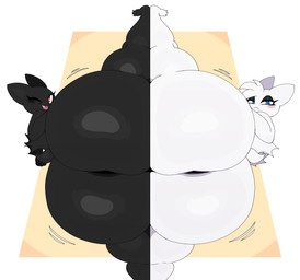anthro ass_to_ass big_butt black_body blue_eyes blush butt duo female female/female flexible half-closed_eyes huge_butt huge_thighs hyper hyper_butt looking_at_viewer looking_back narrowed_eyes nude one_eye_closed one_leg_up raised_leg red_eyes smile splits spread_legs spreading standing symmetry thick_thighs tongue tongue_out vertical_splits white_body sssonic2 batt_the_bat murcii_(ekkokenight) bat mammal absurd_res hi_res