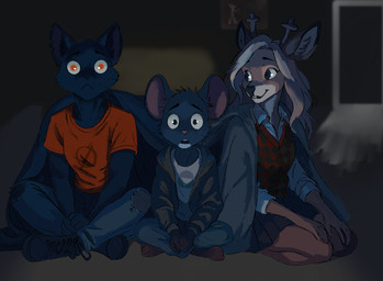 5_toes anthro barefoot bedding blanket boots bottomwear clothed clothed_anthro clothed_female clothing denim denim_bottomwear denim_clothing feet female footwear fully_clothed fully_clothed_anthro fully_clothed_female group hair hoodie inside jeans laces long_hair male pants scared shirt shoes sitting skirt smile sweater sweater_vest t-shirt toes topwear torn_bottomwear torn_clothing torn_jeans torn_pants trio vest whiskers young wolf_instincts deltarune night_in_the_woods undertale_(series) lori_meyers mae_borowski noelle_holiday deer domestic_cat felid feline felis mammal mouse murid murine rodent 2025 colored crossover digital_drawing_(artwork) digital_media_(artwork) english_description hi_res