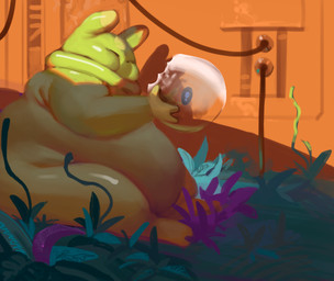 ambiguous_gender belly big_belly bubble_fruit building chewing chewing_object dewlap_(anatomy) eating eating_food eyes_closed feral food glistening glistening_body grass green_body huge_belly overweight plant semi-anthro shadow sitting sitting_on_ground solo squish under_shade citrusslugcat rain_world videocult citrus_(slugcat) slugcat