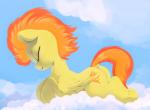 cloud cutie_mark eyes_closed feathered_wings feathers female feral hair orange_hair outside sky smile solo wings yellow_body yellow_feathers dimfann yoditax friendship_is_magic hasbro my_little_pony mythology spitfire_(mlp) wonderbolts_(mlp) equid equine mammal mythological_creature mythological_equine pegasus 2017 absurd_res hi_res superabsurd_res