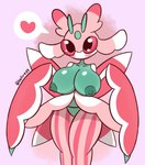 anthro areola big_breasts blush breasts dialogue exposed_breasts female green_areola green_breasts heart_symbol huge_breasts pink_background pink_sclera red_eyes simple_background solo thick_thighs kefiregg nintendo pokemon anonymous_character generation_7_pokemon lurantis pokemon_(species) 2023 absurd_res hi_res signature