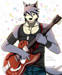 abs anthro athletic biceps big_muscles biped birthday black_nose bottomwear clothed clothing dog_tags electric_guitar firmament fully_clothed fur grey_body grey_fur grey_hair guitar hair humming jewelry looking_at_viewer male muscular muscular_anthro muscular_male musical_instrument necklace pants pecs playing_guitar playing_music plucked_string_instrument pose shirt solo standing string_instrument sweatband tank_top teeth topwear white_body white_fur wristband yellow_eyes bearlovestiger13 morenatsu kouya_(morenatsu) canid canine canis domestic_dog husky mammal nordic_sled_dog spitz digital_media_(artwork) hi_res