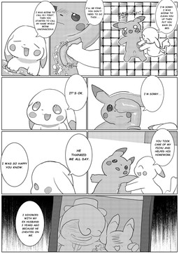 bathing comic_panel dialogue duo female feral foam genitals male male/female penis picture_frame shy text towel ganghandog nintendo pokemon pokemon_pokopia ditto_(pokopia) peakychu generation_1_pokemon pikachu pokemon_(species) comic comic_sans english_text hi_res monochrome right_to_left
