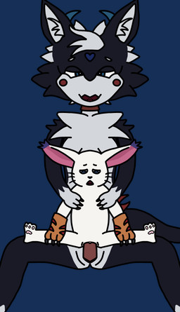 anthro biped black_body black_tail blue_eyes blue_horn claws clothing collar duo erection female genitals gloves grey_hair hair hand_on_chest hands_on_legs hands_on_own_legs handwear horn inner_ear_fluff looking_down male male/female nude open_mouth pawpads paws penetration penis red_collar sex simple_background sitting sitting_on_another size_difference slit_penis spread_legs spreading tail tongue_showing transparent_background tuft vaginal vaginal_penetration vulva whiskers white_body augustus_proceus_(artist) bandai_namco digimon lawealewd_(character) digimon_(species) gatomon novabeast 2026 absurd_res alpha_channel hi_res