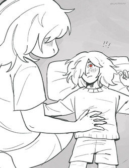 ambiguous_gender ambiguous_human anthro belly_rub blush blush_lines bodily_fluids clothed clothed_ambiguous clothed_anthro clothed_female clothed_human clothing dialogue duo exclamation_point eye_contact female female/ambiguous grey_background hand_on_chest kneeling looking_at_another lying massage on_back red_eyes simple_background speech_bubble surprised sweat sweatdrop text eepykeepy deltarune undertale_(series) kris_dreemurr susie_(deltarune) human mammal reptile scalie 2025 comic digital_drawing_(artwork) digital_media_(artwork) english_text hi_res monochrome signature