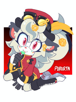 alternative_fashion clothing engine female food freckles fur grey_body grey_fur hat headgear headwear popsicle red_eyes ringmaster_outfit sitting solo steampunk viewed_from_above puru_r1n eggman_empire sega sonic_the_hedgehog_(series) mammal rodent sciurid tree_squirrel hi_res