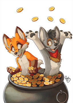 anthro black_nose black_pawpads brown_nose cheek_tuft coin dipstick_tail duo facial_markings facial_tuft fingerpads front_view fur gloves_(marking) gold_(metal) gold_coin grey_body grey_fur head_markings holding_coin holding_object kerchief logo male markings neckerchief neckwear nude open_mouth open_smile orange_body orange_eyes orange_fur pawpads red_eyes red_kerchief red_neckerchief red_tongue simple_background smile tail tail_markings tongue tuft white_background white_body white_fur young young_anthro young_male pandapaco canid canine fox mammal artist_logo hi_res signature