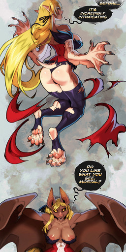 anthro bat_nose bat_wings big_breasts big_butt black_clothing black_legwear black_panties black_underwear blonde_hair breasts brown_body brown_fur butt clothing corset dress exposed_breasts feet female footwear fur gloves hair handwear high_heels human_to_anthro leggings legwear lingerie membrane_(anatomy) membranous_wings nipples panties pink_nipples red_clothing red_dress shoes solo species_transformation text three_frame_sequence topwear torn_clothing transformation transformation_sequence underwear white_clothing white_gloves white_handwear wings yellow_eyes lordburqan bakemonogatari monogatari kiss-shot_acerola-orion_heart-under-blade bat human leaf-nosed_bat mammal microbat vampire vampire_bat yangochiropteran absurd_res english_text hi_res long_image sequence tall_image
