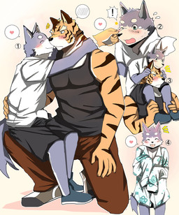 anthro black_nose blush clothed clothing countershading duo eyes_closed fully_clothed heart_symbol male one_eye_closed open_mouth tongue tongue_out bearlovestiger13 lagoon_lounge gou_sanriku seiya_inami canid canine canis felid mammal pantherine tiger wolf 2015 hi_res