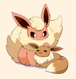 ambiguous_gender blush brown_body brown_fur dipstick_tail duo eyes_closed feral fluffy fur happy headpat markings paws quadruped red_body red_fur ruff tail tail_markings tan_body tan_fur komanyachi nintendo pokemon eevee eeveelution flareon generation_1_pokemon pokemon_(species) 2026 absurd_res digital_media_(artwork) hi_res