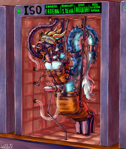 3_horns anthro balls bdsm binder_(restraint) biped blue_body blue_fur bondage bondage_gear bound chastity_cage chastity_device clothing corset countershade_face countershade_fur countershade_torso countershading electrostimulation eye_roll eyebrows footwear fur gas_mask genitals hands_behind_back high_heels horn inside legbinder lingerie looking_pleasured male mask mostly_nude multi_horn nipple_fetish nipple_play penile penis_milking restraints sex_toy shoes solo suspension suspension_bondage tail tail_tuft text topwear tuft vibrator visor wand_vibrator white_body white_countershading white_fur aliaspseudonym mythology dragon eastern_dragon furred_dragon furred_scalie mythological_creature mythological_scalie scalie 2026 english_text hi_res