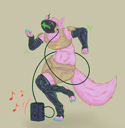 air_guitar anthro armwear blue_claws claws clothing dancing fur glistening glistening_latex latex latex_armwear latex_clothing latex_legwear latex_stockings legwear machine male musical_note musical_symbol navel pink_body solo speaker stockings symbol waveform wire axentooth protogen hi_res