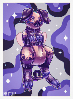 abstract_background ambiguous_gender anthro black_collar black_harness button_ears cloven_hooves collar collar_tag floppy_ears glistening glistening_body glistening_latex harness hooves infinity_symbol latex latex_body pig_nose pink_body purple_hooves solo sparkles spiral_pupils symbol unguligrade wide_crotch mintychipart nintendo pokemon rubbermon generation_9_pokemon latex_creature mammal oinkologne pokemon_(species) suine 2025 digital_drawing_(artwork) digital_media_(artwork) full-length_portrait hi_res krita_(artwork) portrait shaded