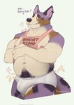 anthro belly belly_rub_request big_belly bodily_fluids body_hair briefs bulge clothing dialogue ear_piercing fur happy_trail male midriff multicolored_body multicolored_fur nipples piercing purple_body purple_eyes purple_fur requesting shirt short_stack simple_background slightly_chubby solo sweat sweatdrop tail talking_to_viewer tank_top text text_on_clothing text_on_shirt text_on_tank_top text_on_topwear tighty_whities topwear underwear white_background white_briefs white_clothing white_underwear tambangwoof rory_(roantiger) canid canine canis cardigan_welsh_corgi domestic_dog herding_dog mammal pastoral_dog welsh_corgi 2023 english_text hi_res portrait three-quarter_portrait