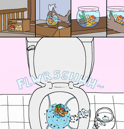 4_fingers anthro bag bowl box container duo fingers floor flush flush_vore flushing_toilet fur hair onomatopoeia orange_body red_hair scared sound_effects text tile tile_floor toilet water flushmutt nintendo pokemon buizel generation_4_pokemon pokemon_(species) comic hi_res