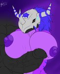 abs anthro areola armor big_breasts big_penis blue_hair bodily_fluids breasts duo eyes_closed female genitals hair headgear helmet huge_breasts male nipples non-mammal_breasts penis purple_areola sweat sweatdrop vein veiny_penis danielssj bandai_namco digimon drayce_(saixyuniz-xynz) eira_wargreymon blackwargreymon digimon_(species) wargreymon 2017 digital_media_(artwork) flat_colors hi_res