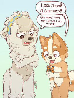 accessory anthro anthrofied blue_eyes brown_eyes crossed_arms dialogue duo eyelashes female fluffy freckled_face freckles fur headband humor long_eyelashes navel orange_body orange_fur rude standing text white_body white_fur wings young auzzipup bluey_(series) bingo_heeler judo_(bluey) arthropod australian_cattle_dog butterfly canid canine canis cattledog chow_chow domestic_dog herding_dog insect lepidopteran mammal monarch_butterfly pastoral_dog spitz 2026 3:4 absurd_res english_text hi_res