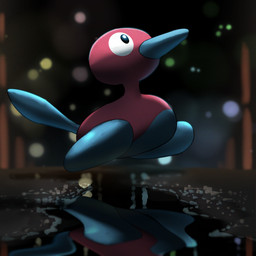 ambiguous_feral ambiguous_gender beak black_eyes blue_beak blue_body blue_tail city feral floating light looking_up multicolored_body night outside pink_body puddle pupils reflection side_view solo street tail two_tone_body water white_pupils spicyichizo nintendo pokemon digital_creature generation_2_pokemon pokemon_(species) porygon2 1:1 2025 absurd_res hi_res lighting shaded