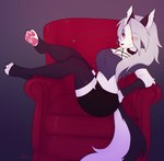 anthro clothed clothing collar ear_piercing female fully_clothed fur grey_body hair looking_at_viewer pawpads paws piercing red_eyes red_sclera smile solo white_body white_fur asusya helluva_boss mythology loona_(helluva_boss) canid canid_demon canine canis demon hellhound mammal mythological_canine mythological_creature wolf absurd_res digital_media_(artwork) hi_res