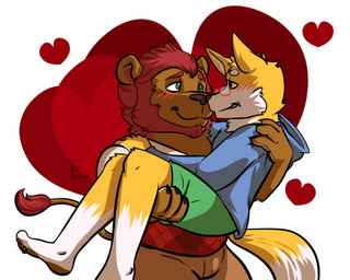 anthro argyle_(pattern) argyle_clothing beard blue_clothing blue_eyes blue_hoodie blue_topwear blush blush_lines bottomwear bridal_carry brown_body brown_fur carrying_another claws clothed clothing collared_shirt countershade_face countershading duo eye_contact eyewear facial_hair finger_claws fur glasses green_bottomwear green_clothing green_eyes green_shorts heart_symbol hoodie leg_markings looking_at_another male male/male mane markings nose_to_nose nuzzling pattern_clothing pawpads red_clothing red_eyewear red_glasses red_mane red_sweater red_topwear romantic romantic_couple shirt shorts simple_background smile socks_(marking) sweater tail tail_tuft topwear tuft white_body white_countershading yellow_body yellow_fur thetauren air_(htodinth) alder_(shanghaiohmy) canid canine felid fox lion mammal pantherine 2016 digital_drawing_(artwork) digital_media_(artwork) hi_res shaded nonbinary_(lore)