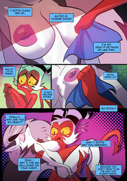 big_penis bodily_fluids breasts cleaning clenched_teeth cum female genital_fluids genitals male nipples nude penis simple_background sweat teeth text kato777 hellaverse helluva_boss mythology loona_(helluva_boss) moxxie_(helluva_boss) canid canid_demon canine demon hellhound imp mammal mythological_canine mythological_creature absurd_res comic hi_res