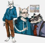 anthro biped black_body black_nose bottomwear clothing duo hoodie hug male necktie pants shirt suspenders topwear white_body gala_bobs beastly_crimes beastly_crimes_(2024) badgercat chief_badger badger domestic_cat felid feline felis mammal mustelid musteline 2024 hi_res