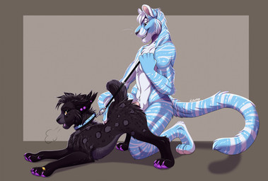 ambiguous_penetration anthro anthro_on_feral anthro_penetrating anthro_penetrating_feral ass_up bestiality claws collar crouching duo female female_feral feral feral_penetrated from_behind_position genitals leash leashed_collar male male/female male_anthro open_mouth pawpads penetration penis sex side_view size_difference smaller_penetrated smile blackbatwolf semiceri felid feline mammal hi_res