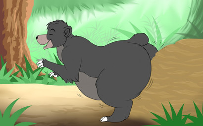anthro belly big_belly big_butt butt eyes_closed forest fur grey_body grey_fur jungle male overweight plant rock rubbing_butt scratching_butt smile solo tree enricthepenguin disney the_jungle_book baloo bear mammal sloth_bear ursine digital_media_(artwork)