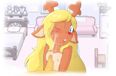 anthro antlers areola arm_tuft blonde_hair blue_eyes blush bodily_fluids breast_play breasts brown_body brown_fur buckteeth cartoon_freckles chest_tuft cum cum_on_face eyelashes female freckled_face freckles fur genital_fluids genitals hair horn long_eyelashes long_hair nipples one_eye_closed open_mouth penis penis_between_breasts red_nose sex shoulder_tuft small_breasts solo teeth titfuck tuft yellow_body bingbingo deltarune undertale_(series) kris_dreemurr noelle_holiday deer human mammal new_world_deer reindeer hi_res watermark