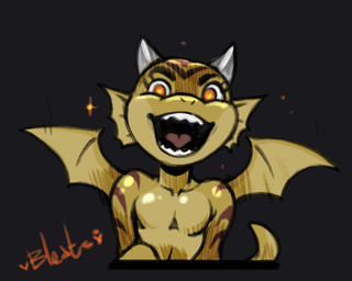anthro back_wings bite brown_stripes chibi curved_horn facial_fin gold_scales green_membrane horn membrane_(anatomy) membranous_wings scales sharp_teeth solo striped_body striped_scales stripes teeth wide_eyed wings bleats mythology goldy_(golden.dragon) dragon mythological_creature mythological_scalie scalie winged_dragon 2d_animation animated