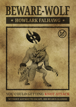 anthro armor axe barbarian codpiece ear_piercing fangs jewelry male piercing poster simple_background solo tan_background teeth text text_on_paper tribal wanted_poster weapon_on_back weapon_on_shoulder foirgairwolf mythology howlark_(foirgairwolf) canid canine mammal mythological_canine mythological_creature werecanid werecanine werecreature werewolf absurd_res english_text hi_res huge_filesize