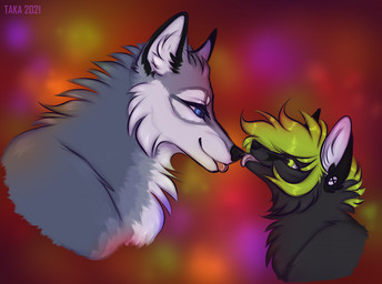 ambiguous_feral ambiguous_gender black_body black_fur blep blue_body blue_eyes blue_fur blurred_background colorful_background digitigrade duo ear_piercing eye_contact facial_markings feral feral_with_hair fur glistening glistening_eyes green_eyes green_hair grey_body grey_fur hair happy head_markings larger_ambiguous larger_feral licking licking_another licking_nose licking_partner looking_at_another looking_at_partner looking_down looking_down_at_another looking_down_at_partner looking_up looking_up_at_another looking_up_at_partner markings mouth_closed multicolored_body multicolored_fur narrowed_eyes piercing pointy_ears prick_ears pupils quadruped side_view size_difference smaller_ambiguous smaller_feral smile stud_piercing text tongue tongue_out white_body white_fur taka_(artist) a.o.kigahara taka_fox canid canine canis fox mammal true_fox wolf 2021 artist_name bust_portrait detailed digital_drawing_(artwork) digital_media_(artwork) portrait shaded signature