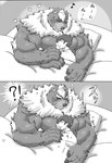 anthro bed bedding biceps blanket cuddling duo furniture heart_symbol male male/male musclegut muscular pecs sleeping text suzuapi2 lifewonders tokyo_afterschool_summoners kimun_kamui_(tas) protagonist_(tas) twink_protagonist_(tas) wen_kamui_(tas) bear human mammal japanese_text monochrome