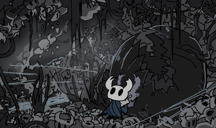 2_horns ambiguous_gender black_body black_eyes cloak clothed clothing detailed_background empty_eyes horn melee_weapon nail_(weapon) reflection sitting solo weapon weapon_on_back kumorage hollow_knight_(franchise) team_cherry the_knight_(hollow_knight) arthropod vessel_(species) hi_res