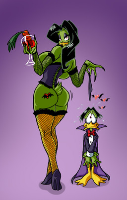 alternative_fashion anthro armwear beak big_breasts big_butt black_hair bow_(feature) bow_tie breasts butt carrot clothed clothing corset duo fangs female fishnet_armwear fishnet_clothing food footwear glass goth green_body green_skin hair heart_symbol high_heels holding_glass holding_object legwear lingerie long_hair looking_at_viewer makeup male non-mammal_breasts panties plant red_eyes shoes short_hair smile standing stockings tattoo teeth topwear underwear vegetable wide_hips yellow_body yellow_skin lordstevie danger_mouse_(series) count_duckula anatid anseriform avian bird duck vampire 2014