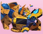 anthro blush duo eyes_closed fangs green_eyes heart_symbol kiss_on_lips kissing lgbt_pride machine male male/male markings pride_colors spots spotted_body surprise_kiss teeth kusakichan15 hasbro takara_tomy transformers transformers:cyberverse bumblebee_(transformers) cheetor cheetah cybertronian felid feline humanoid mammal robot robot_humanoid absurd_res hi_res watermark