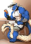 2017 2_horns abs absurd_res anthro armor barefoot beard behemoth_(final_fantasy) biceps blue_body blue_eyes blue_fur book bottomwear claws clothing collar crop_top deltoids facial_hair feet final_fantasy finger_claws fur greaves grisser hair hi_res holding_book holding_object horn jewelry male mammal multicolored_body multicolored_fur muscular muscular_anthro muscular_male necklace pecs pulse_(behemoth_pulse) reading reading_book shirt shorts sitting_at_table sitting_on_stool solo square_enix tail_mane toe_claws topwear triceps tusks two_tone_body two_tone_fur white_body white_bottomwear white_clothing white_fur white_hair white_shorts