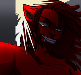 animal_ears anthro dreadlocks fangs fur furrowed_eyebrows hair long_hair looking_at_viewer male red_body red_fur red_hair shirtless shirtless_anthro shirtless_male simple_background solo teeth yellow_eyes zeri_(artist) alexander_(mash) felid lion mammal pantherine 2023 bust_portrait hi_res portrait