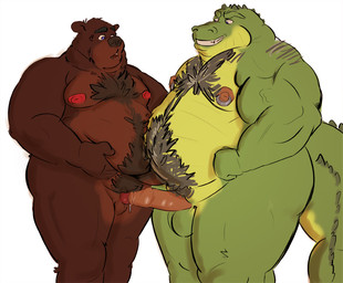 anthro balls belly bodily_fluids brown_body brown_fur cum docking duo erection foreskin fupa fur fuzzy genital_fluids genitals green_body grin hairy humanoid_genitalia humanoid_penis long_foreskin male male/male mature_anthro mature_male moobs musclegut muscular nipples nude obese overweight penile penis penis_size_difference precum sex simple_background size_difference smile unretracted_foreskin white_background tcw alligator alligatorid bear crocodilian mammal reptile scalie