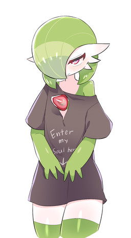 black_clothing black_shirt black_topwear blush clothed clothed_humanoid clothing female green_body green_clothing green_hair green_legwear green_skin green_thigh_highs hair hair_over_eye legwear not_furry one_eye_obstructed pink_eyes shirt simple_background smile thigh_highs topwear white_background white_body white_skin ddingyong nintendo pokemon gardevoir generation_3_pokemon humanoid pokemon_(species) hi_res