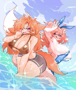 anthro big_breasts breasts bunny_costume clothed clothing costume duo fangs female fur hair multicolored_body orange_body orange_fur orange_hair partially_clothed pink_body pink_fur pink_hair purple_eyes sea sky teeth thick_thighs tongue tongue_out water scribbledmoon loomy_(comifur) sonya_(scribbledmoon) canid domestic_cat felid feline felis mammal 2025 absurd_res hi_res