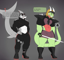 anthro big_bulge big_butt black_sclera boots bottomwear bulge butt clothed clothing dialogue dreadlocks duo eyewear footwear glasses gloves handwear holding_melee_weapon holding_object holding_weapon katana looking_at_another male melee_weapon muscular muscular_anthro muscular_male necktie red_eyes ring shoes shorts smile smiling_at_another smiling_at_partner sword tail text thick_thighs weapon wide_hips photolol.03 european_mythology mythology tainted_javier_(photolol.03) tainted_john_(photolol.03) aquatic dragon fish great_white_shark mackerel_shark mythological_creature mythological_scalie reptile scalie shark western_dragon white_shark english_text flat_colors hi_res