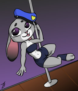 3_toes 4_fingers anthro breasts cleavage clothed clothing dancing feet female fingers footwear fur looking_at_viewer multicolored_body multicolored_fur navel pole pole_dancing shortstack shortstack_female simple_background solo toeless_footwear toes tongue tongue_out the2ofarts disney zootopia judy_hopps lagomorph leporid mammal rabbit 2018 absurd_res digital_media_(artwork) hi_res