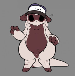 blush blush_lines butt clothing confusion dewlap_(anatomy) female female_feral feral freckled_butt freckled_face freckled_shoulders freckles front_view fur fur_markings genitals grey_background hat hat_only headgear headgear_only headwear headwear_only markings mostly_nude question_mark simple_background slightly_chubby solo standing vulva botanics rain_world videocult unnamed_hat_scug_(botanics) slugcat digital_drawing_(artwork) digital_media_(artwork) hi_res