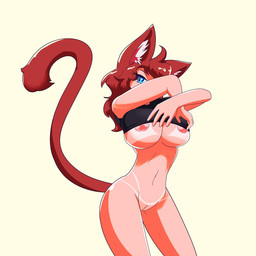 ahoge areola big_breasts blue_eyes breasts clothed clothing clothing_lift female genitals hair huge_breasts looking_at_viewer navel nipples one_eye_obstructed red_hair shirt shirt_lift simple_background solo suntan tail tan_line thick_thighs topwear vulva wide_hips zedrin animal_humanoid cat_humanoid felid felid_humanoid feline feline_humanoid humanoid mammal mammal_humanoid 1:1 character_request hi_res