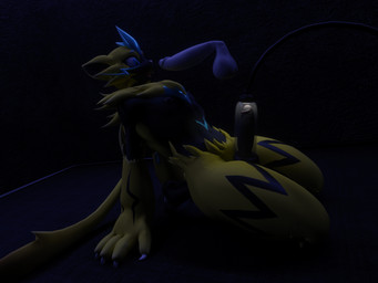 anthro black_body claws dark_room fur genitals male male/male penile penis penis_milking surprised yellow_body yellow_fur pogusername warfaremachine_(modeler) nintendo pokemon generation_7_pokemon legendary_pokemon pokemon_(species) zeraora 4:3 hi_res